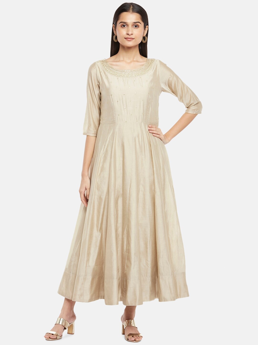 

RANGMANCH BY PANTALOONS Beige Ethnic Motifs Embroidered Ethnic Maxi Ethnic Dress with Dupatta