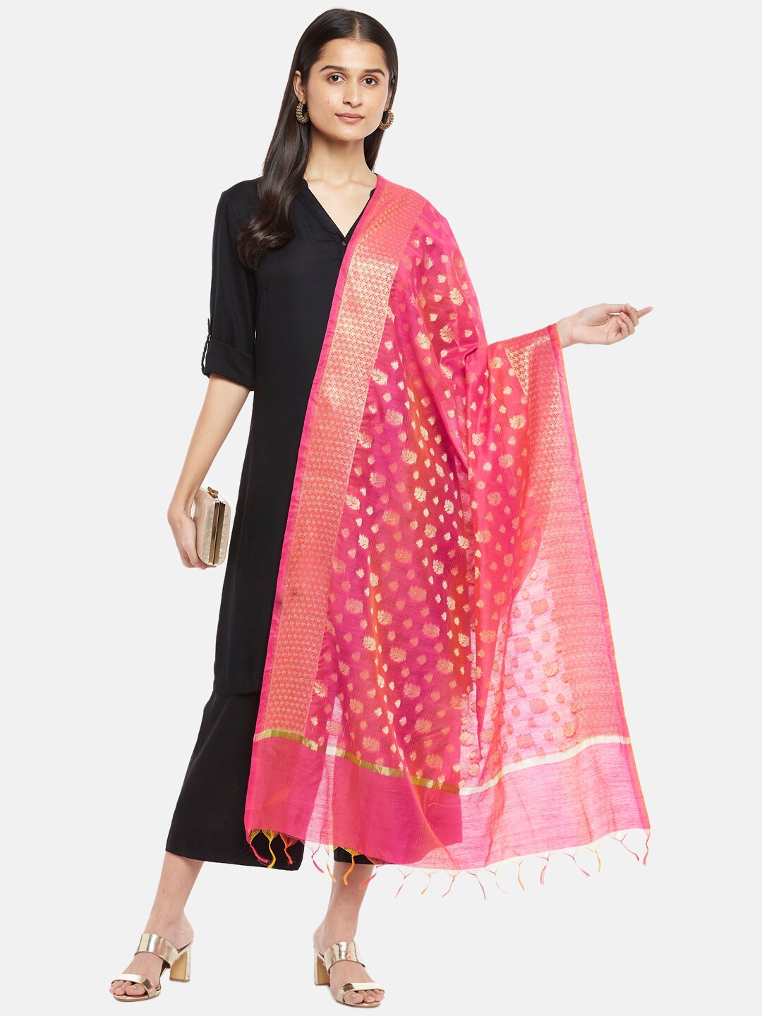 

RANGMANCH BY PANTALOONS Women Fuchsia & Gold-Toned Woven Design Cotton Silk Dupatta