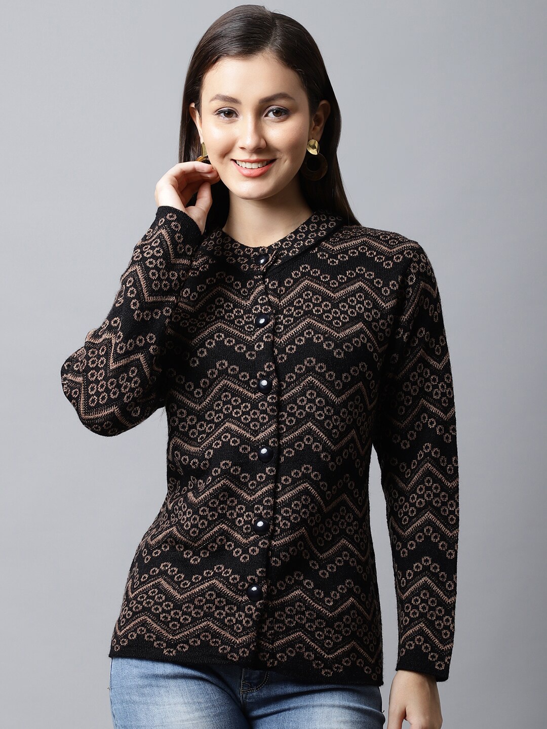 

PERFECT LINE Women Black & Brown Printed Cardigan
