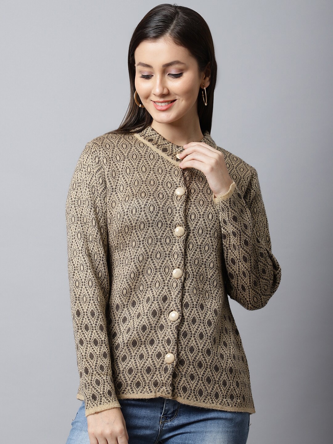 

PERFECT LINE Women Brown & Beige Cable Knit Cardigan