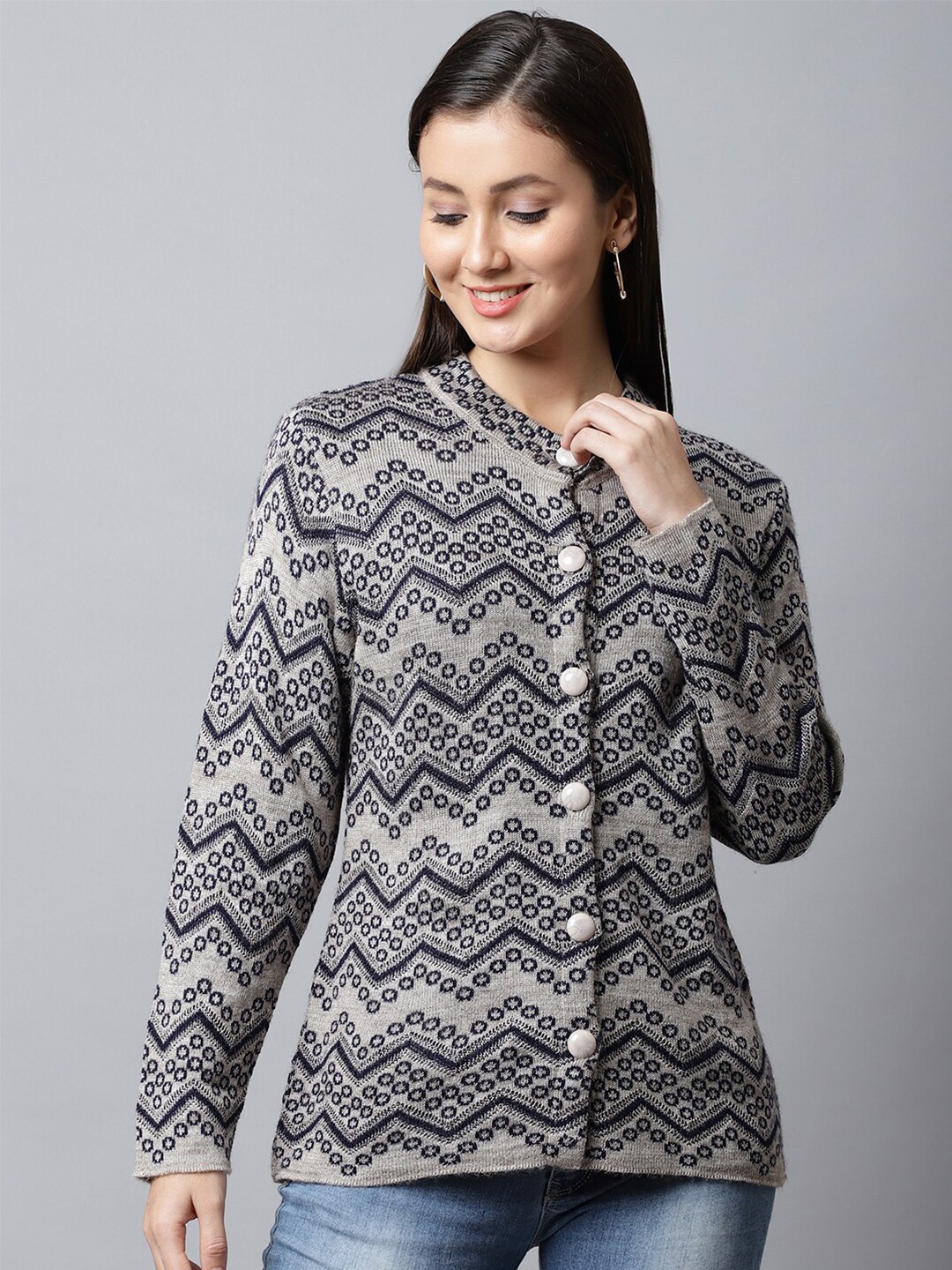

PERFECT LINE Women Beige & Navy Blue Printed Cardigan with Fuzzy Detail