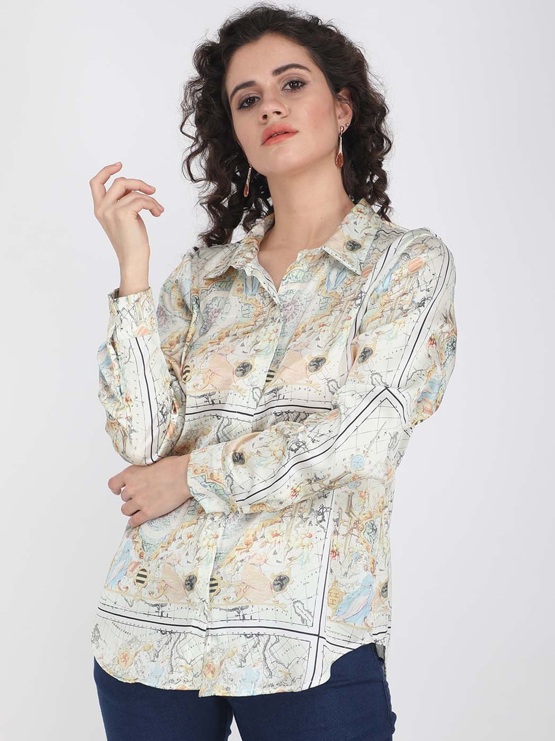 

angloindu Women Off White & Peach-Coloured Print Shirt Style Top