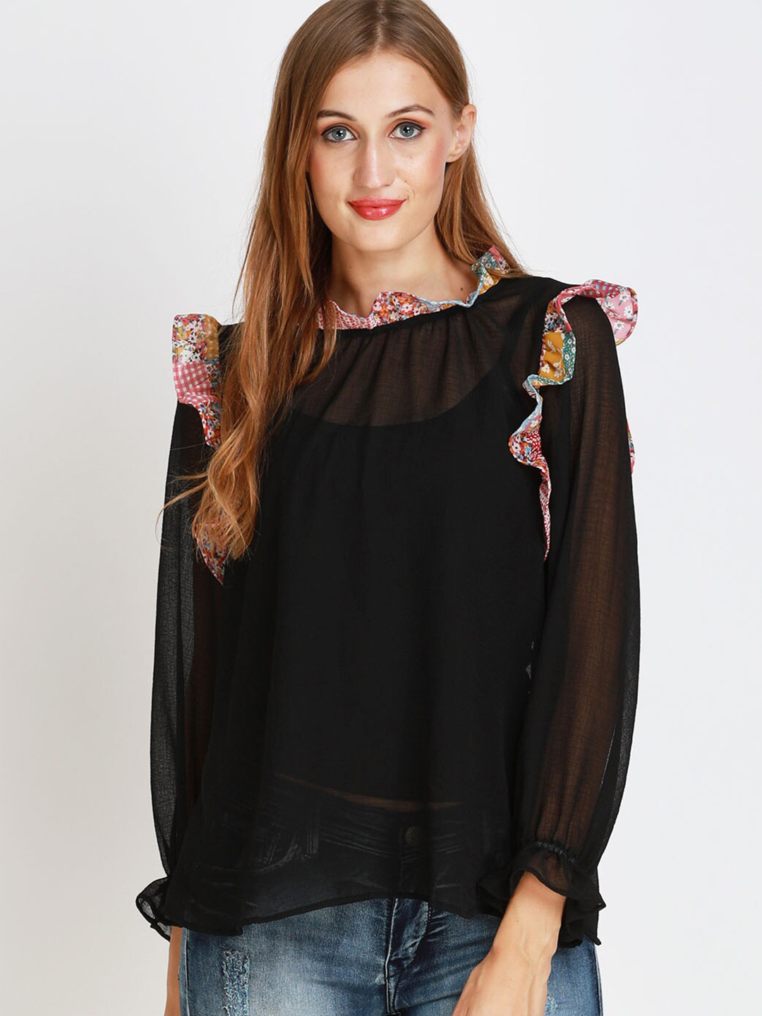 

angloindu Women Black Chiffon Top