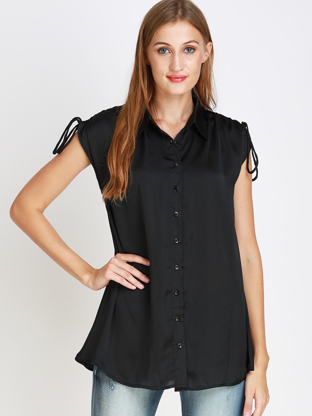 

angloindu Black Satin Shirt Style Top