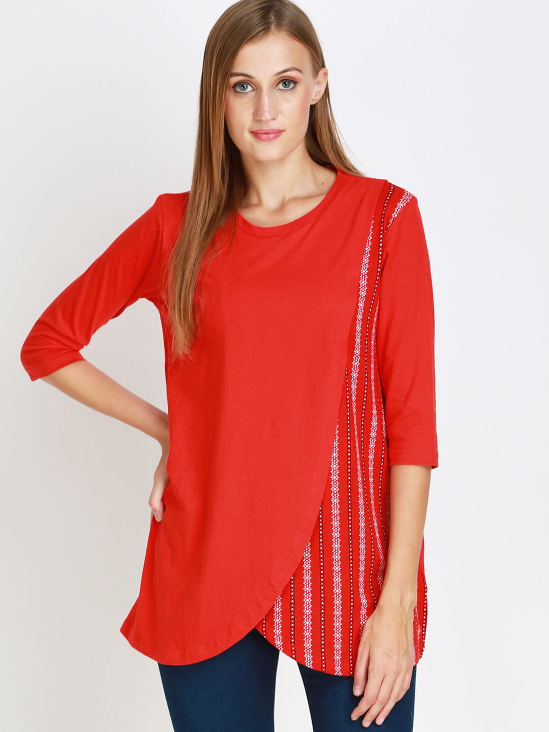 

angloindu Women Red Print Longline Top