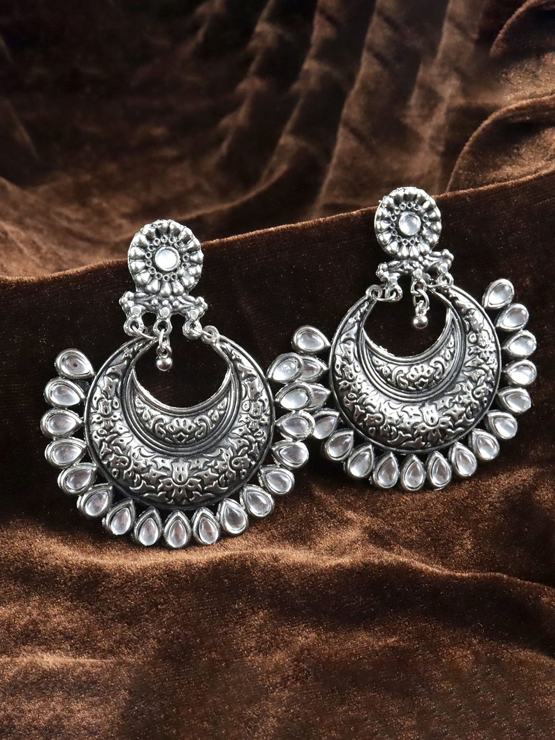 

Krelin Silver-Toned Oxidised Classic Chandbalis Earrings