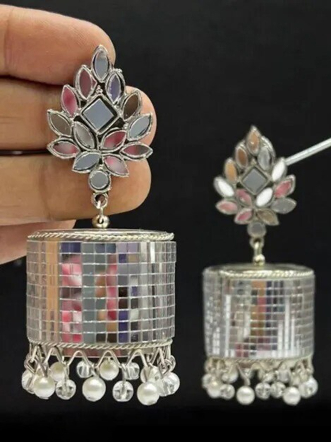 

Krelin Brass-Plated & White Oxidized Classic Jhumkas Earrings, Silver