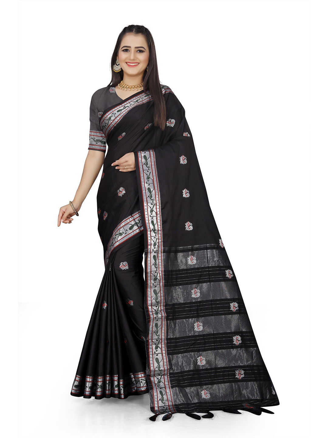 

Mitera Black & Green Woven Design Zari Pure Cotton Saree