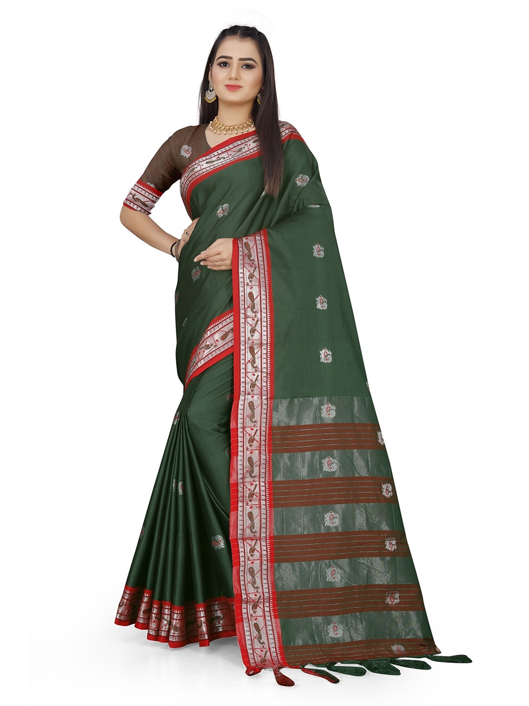 

Mitera Green & Red Woven Design Zari Pure Cotton Saree