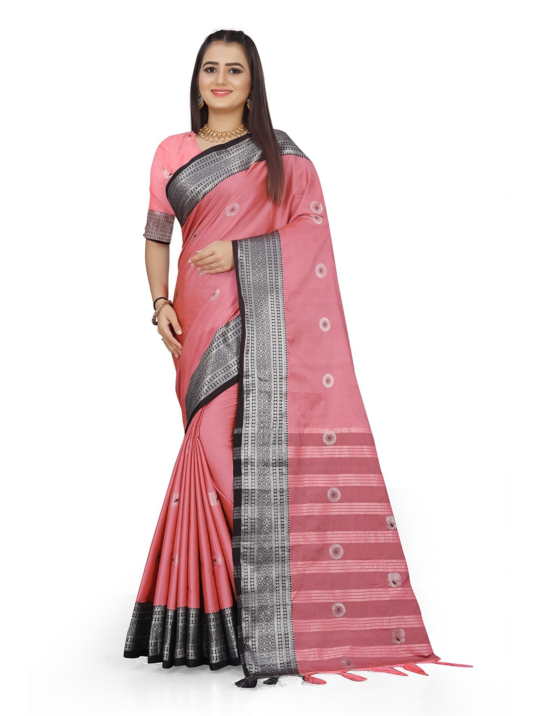 

Mitera Pink & Black Woven Design Zari Pure Cotton Kanjeevaram Saree