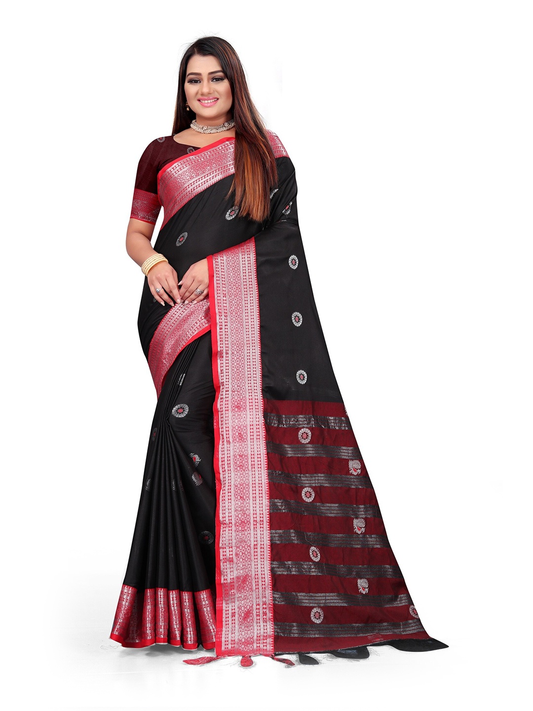 

Mitera Black & Red Woven Design Zari Pure Cotton Saree