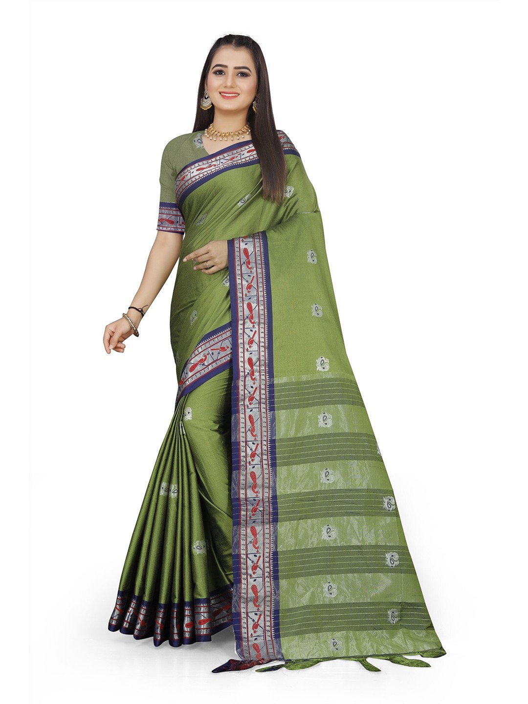 

Mitera Green & Silver-Toned Woven Design Zari Pure Cotton Saree
