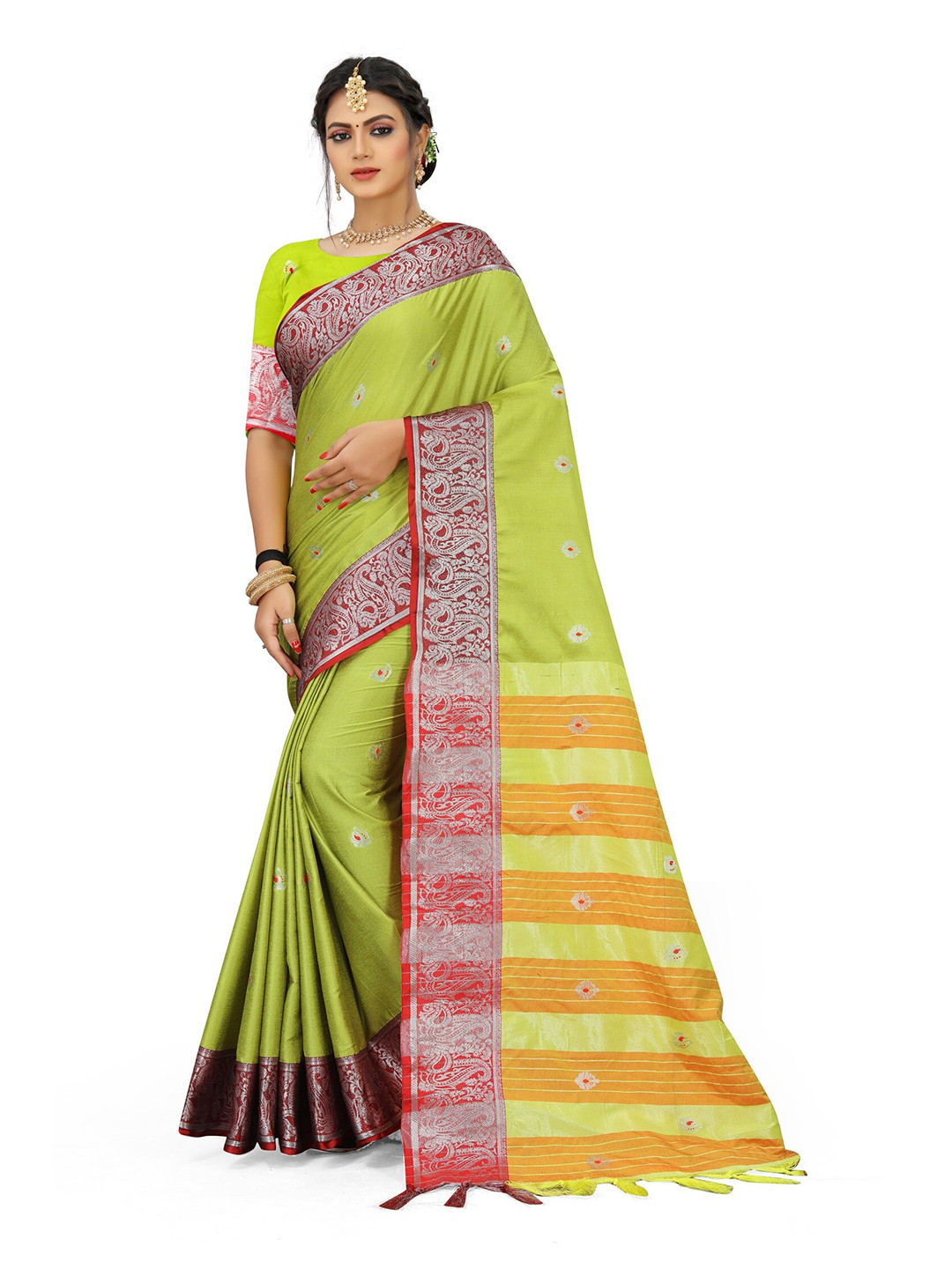

Mitera Yellow & Maroon Woven Design Zari Pure Cotton Saree