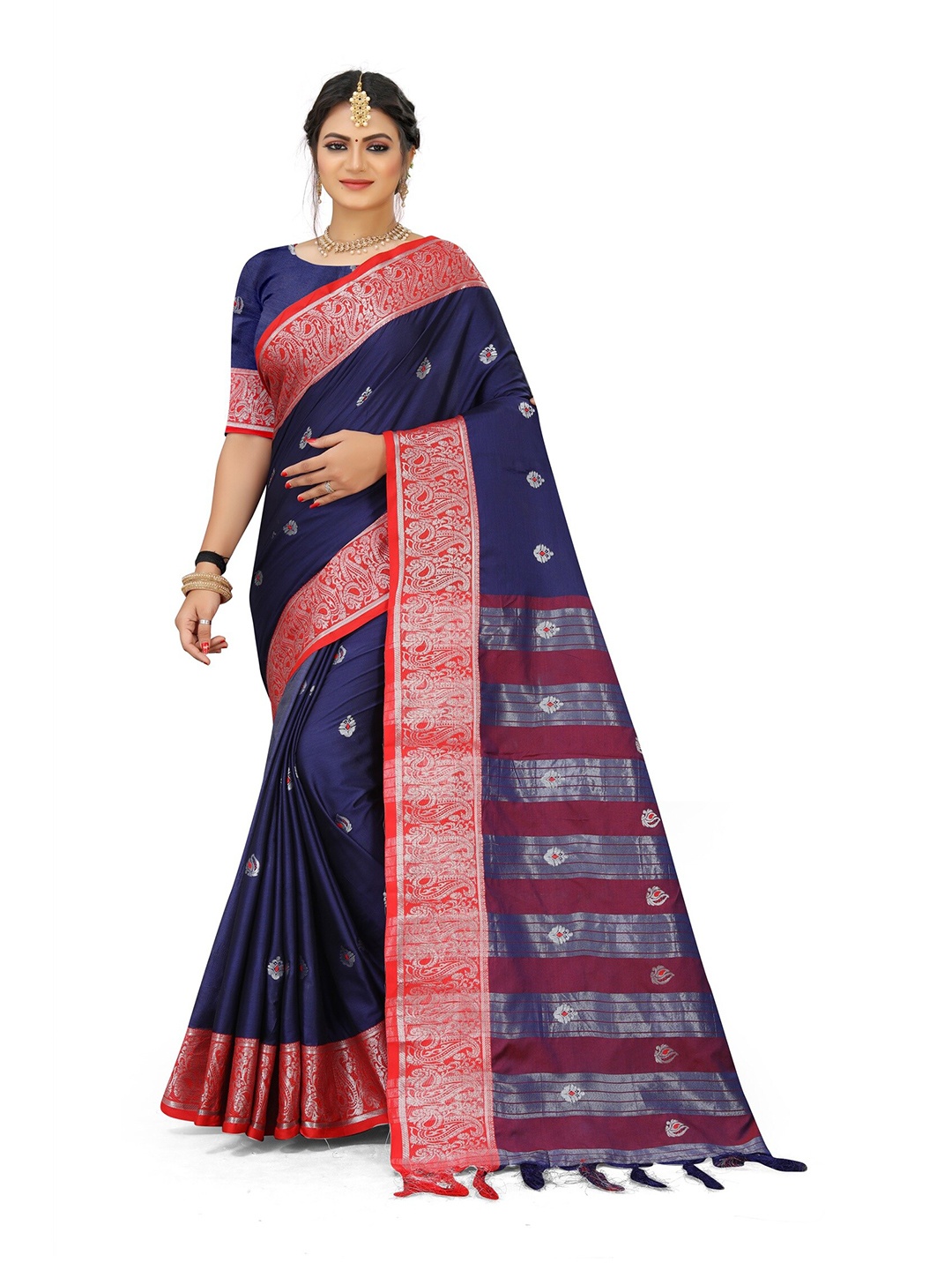 

Mitera Blue & Red Woven Design Zari Pure Cotton Saree