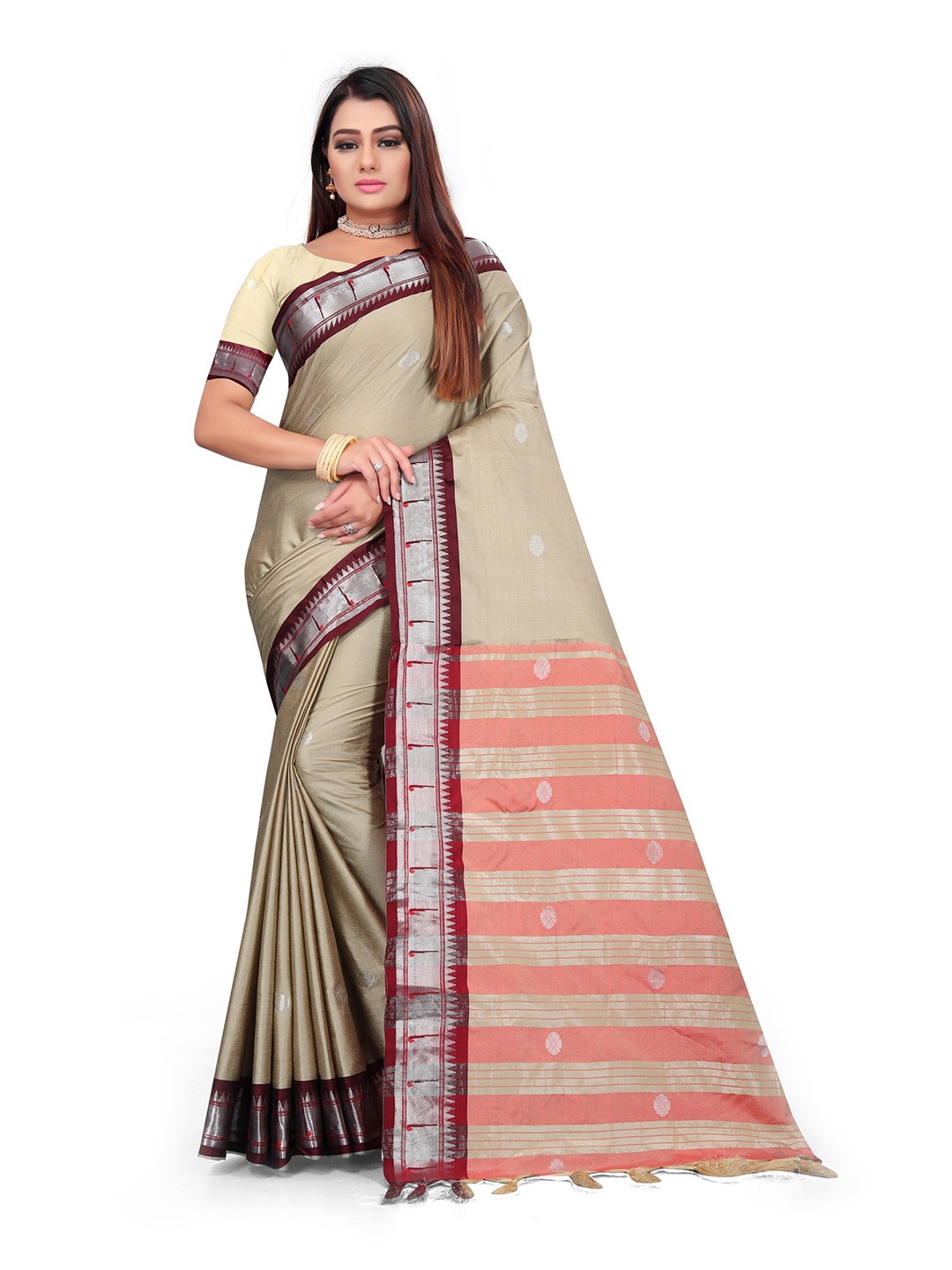 

Mitera Cream-Coloured & Maroon Woven Design Zari Pure Cotton Saree
