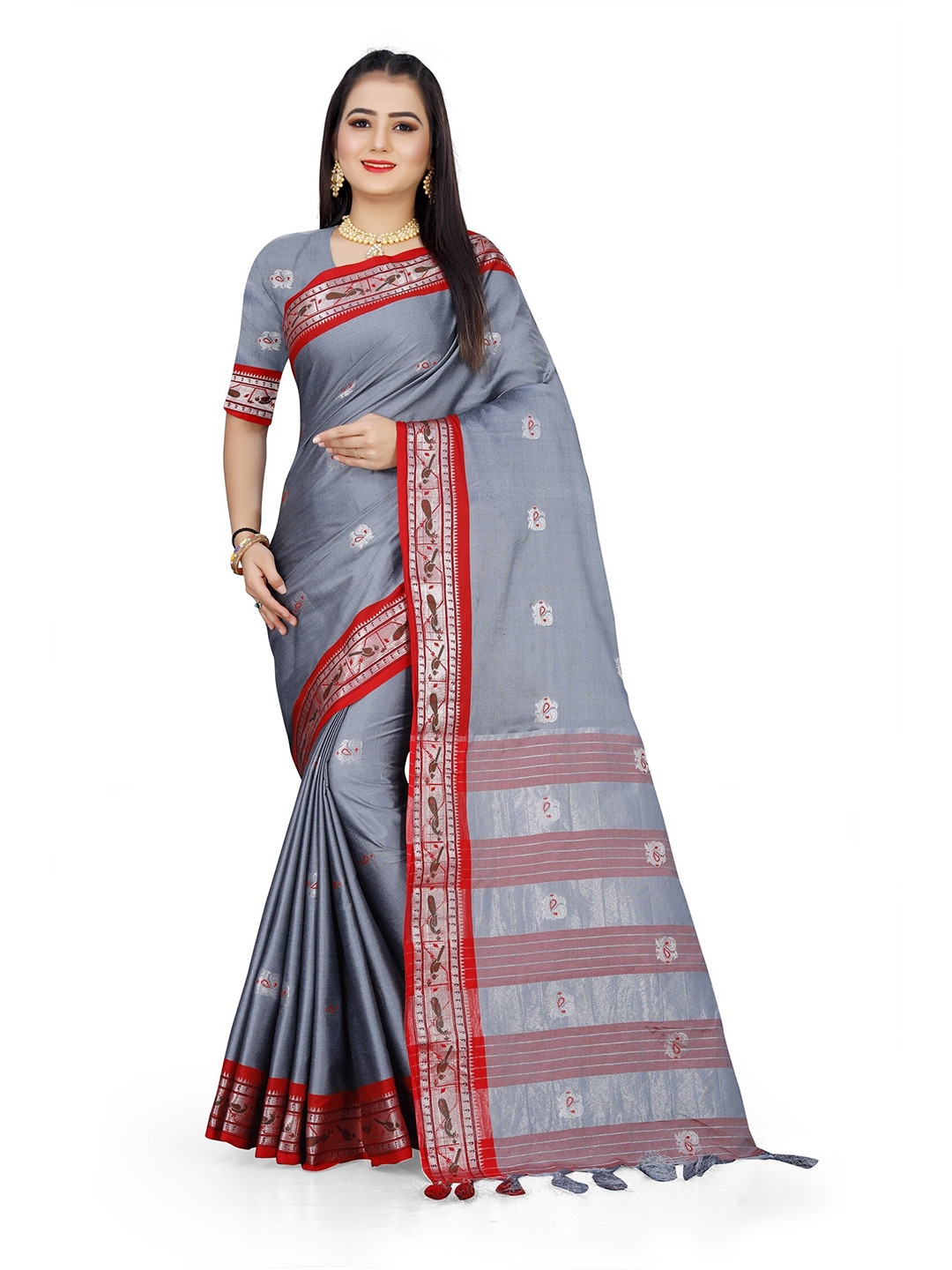 

Mitera Silver-Toned & Red Woven Design Zari Pure Cotton Saree