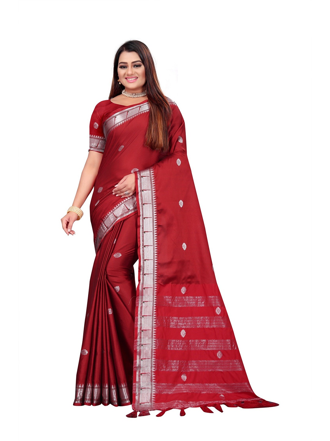 

Mitera Red & Silver-Toned Woven Design Zari Pure Cotton Saree
