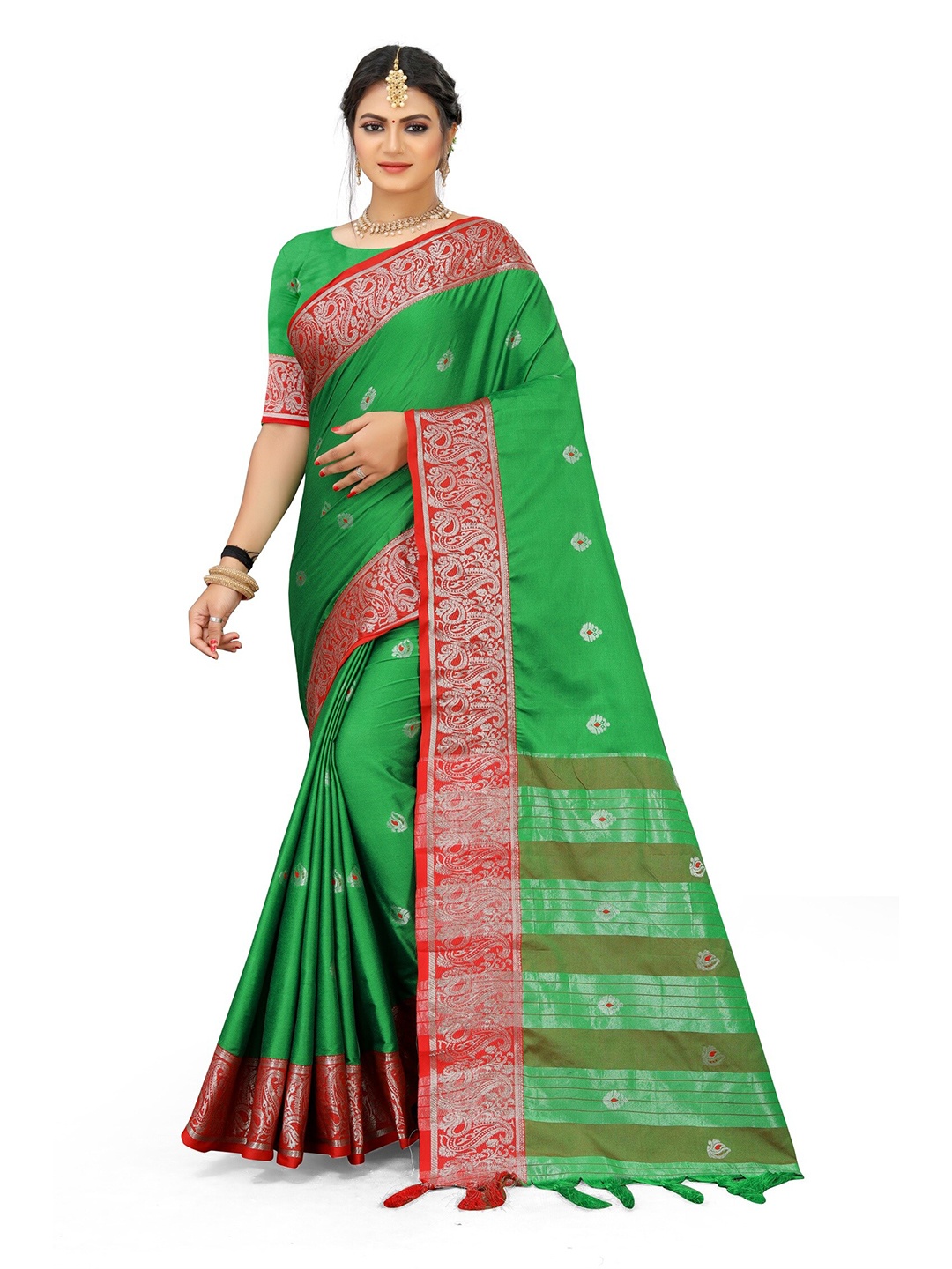 

Mitera Green & Red Woven Design Zari Pure Cotton Saree