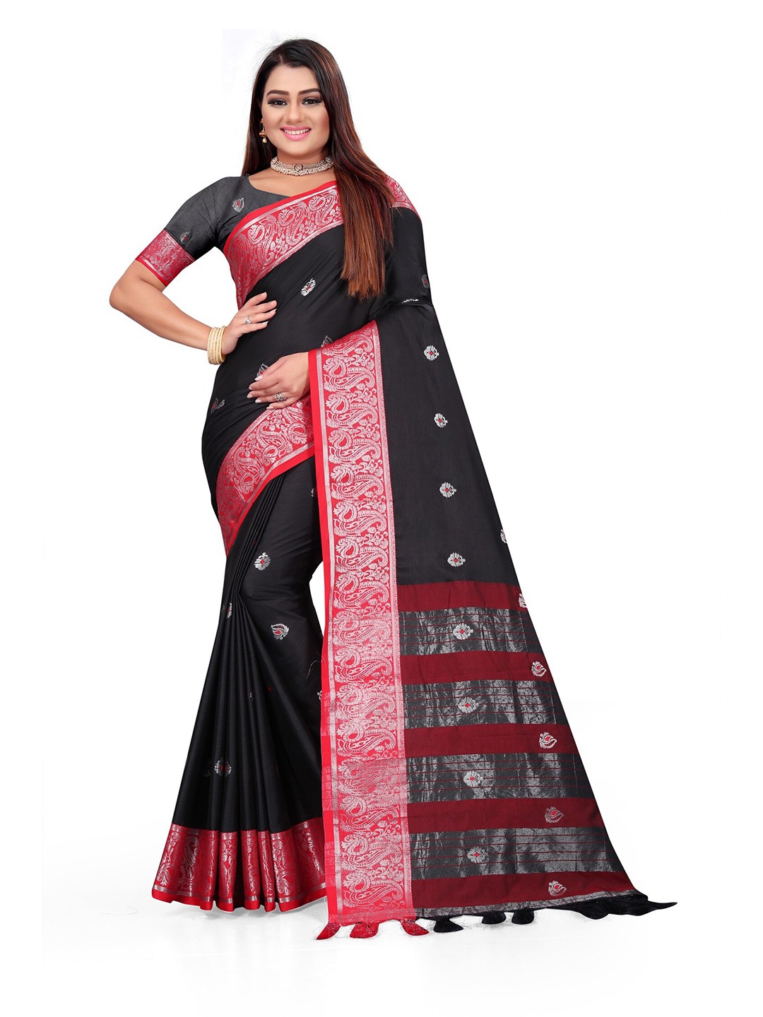 

Mitera Black & Red Woven Design Zari Pure Cotton Saree