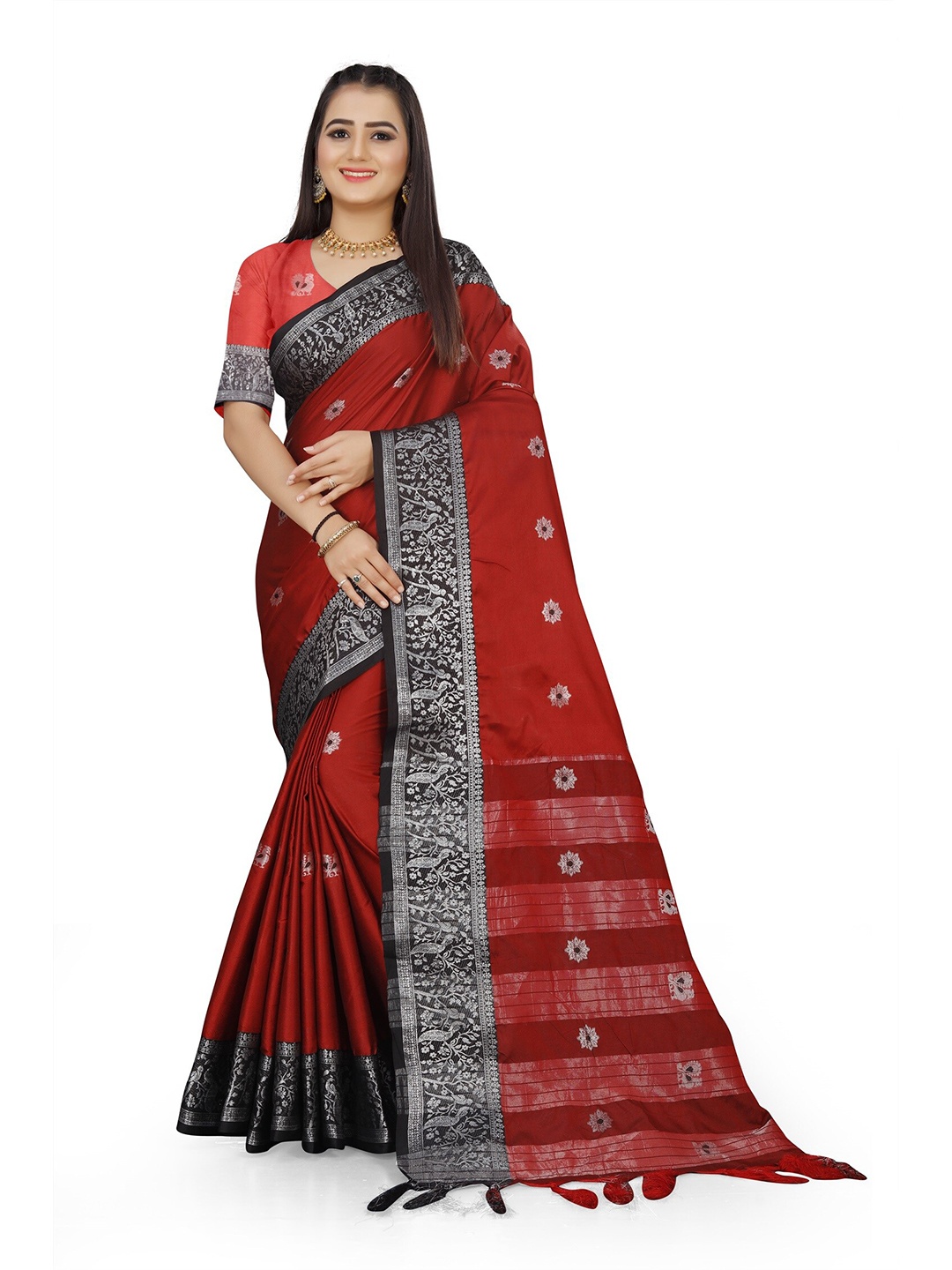 

Mitera Red & Black Woven Design Zari Pure Cotton Saree