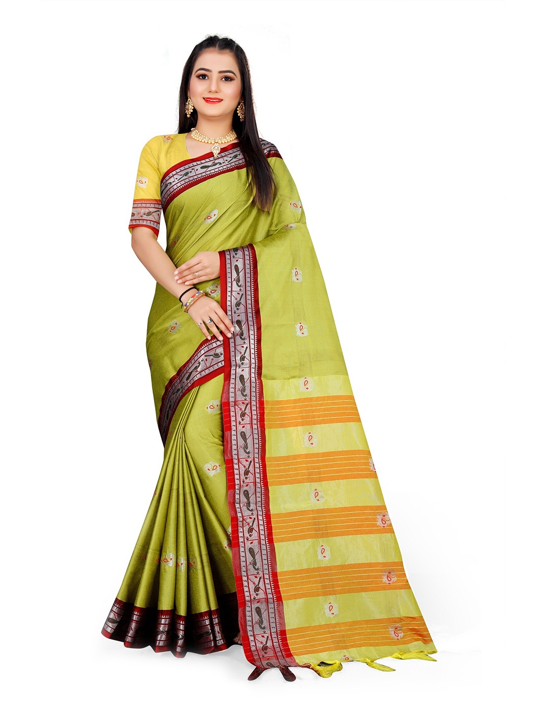 

Mitera Yellow & Red Woven Design Zari Pure Cotton Saree