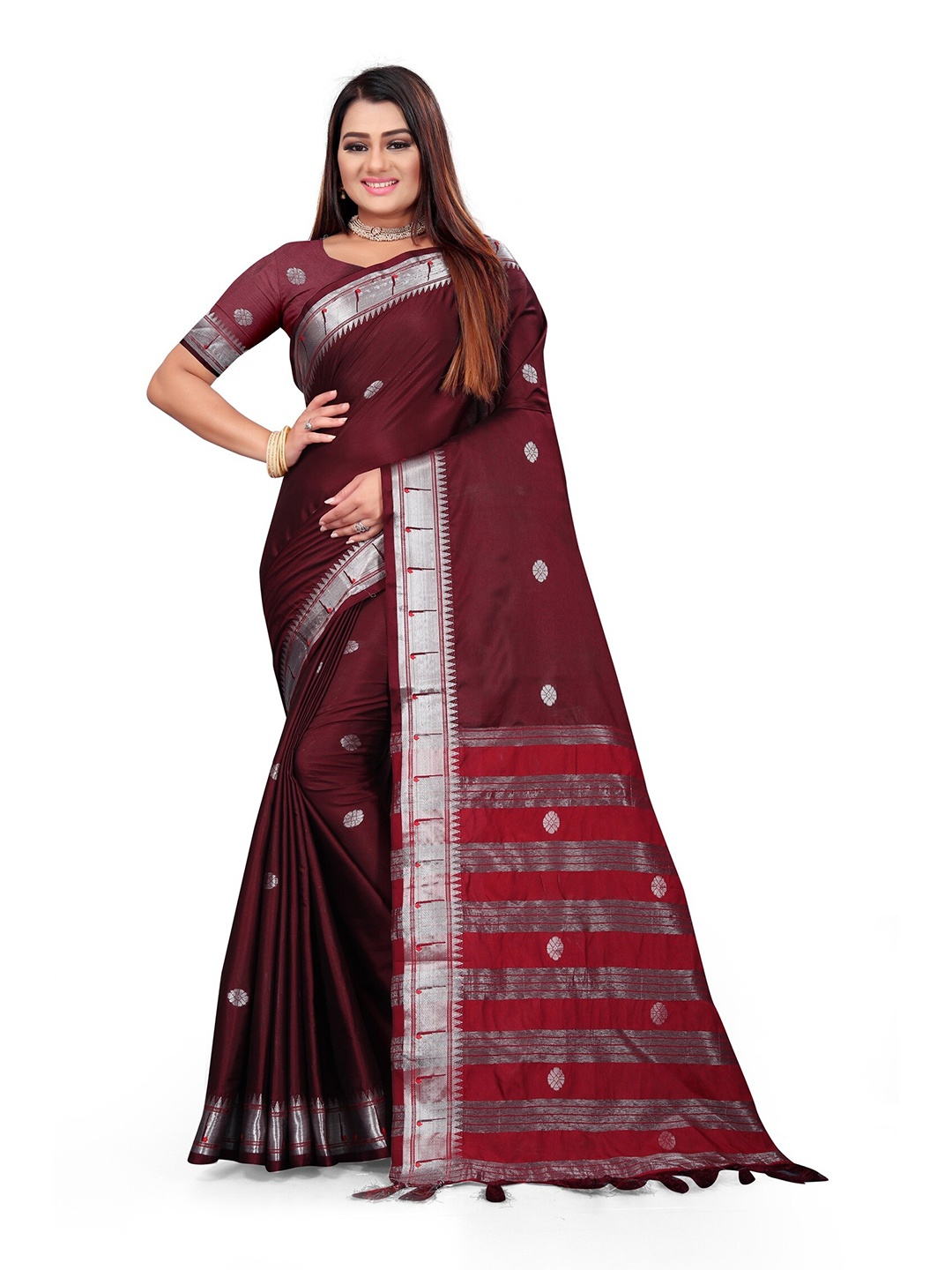 

Mitera Maroon & Red Woven Design Zari Pure Cotton Saree