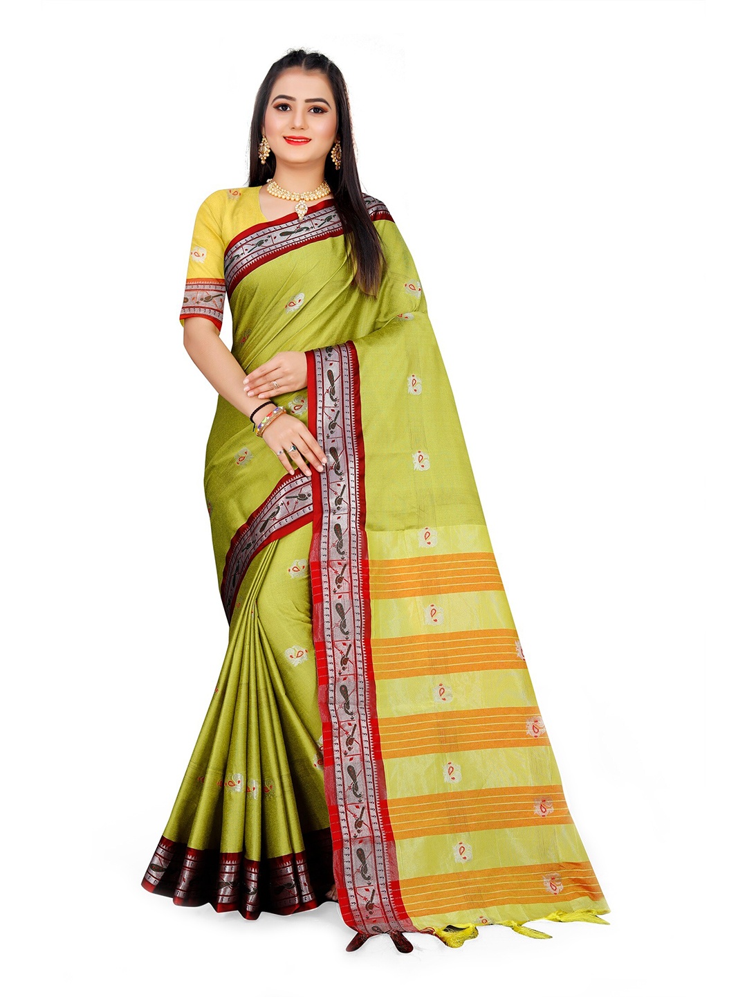 

Mitera Blue & Red Woven Design Zari Pure Cotton Saree