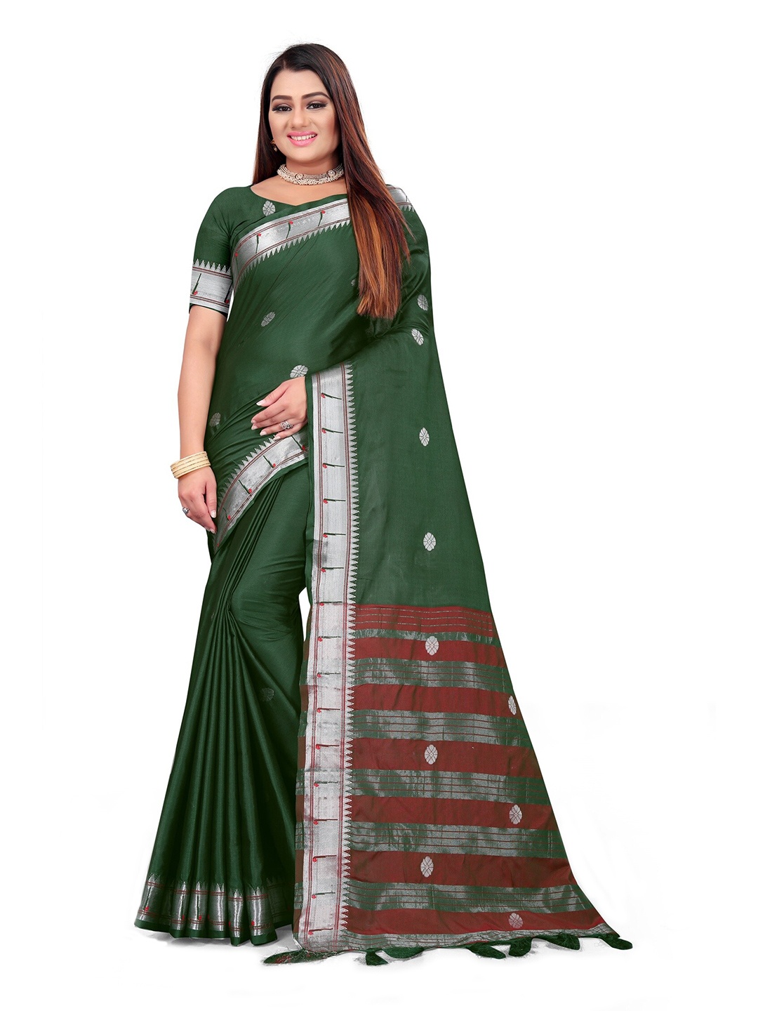 

Mitera Green & Silver-Toned Woven Design Zari Pure Cotton Saree