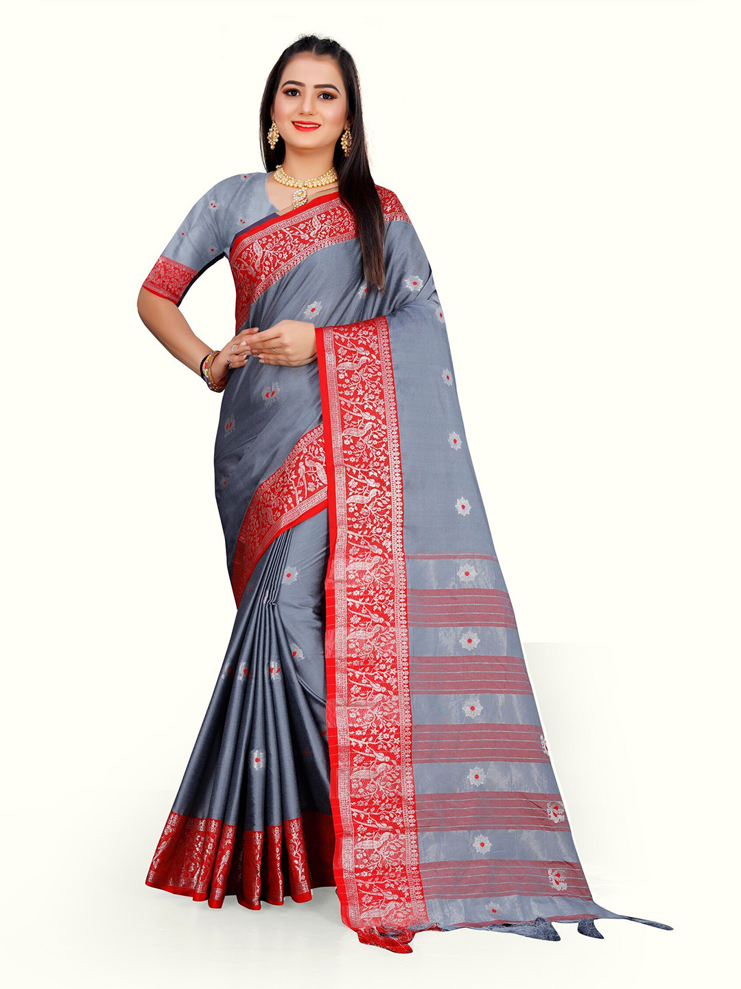 

Mitera Women Grey & Red Woven Design Zari Pure Cotton Kanjeevaram Saree
