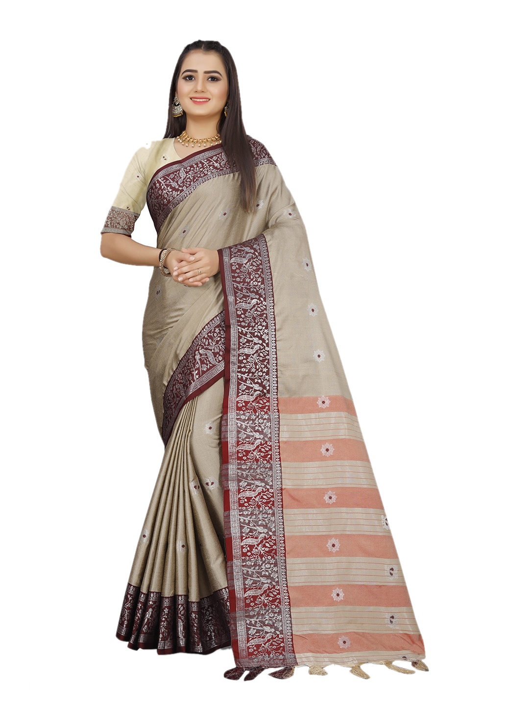

Mitera Women Cream & Grey Woven Design Zari Pure Cotton Kanjeevaram Saree