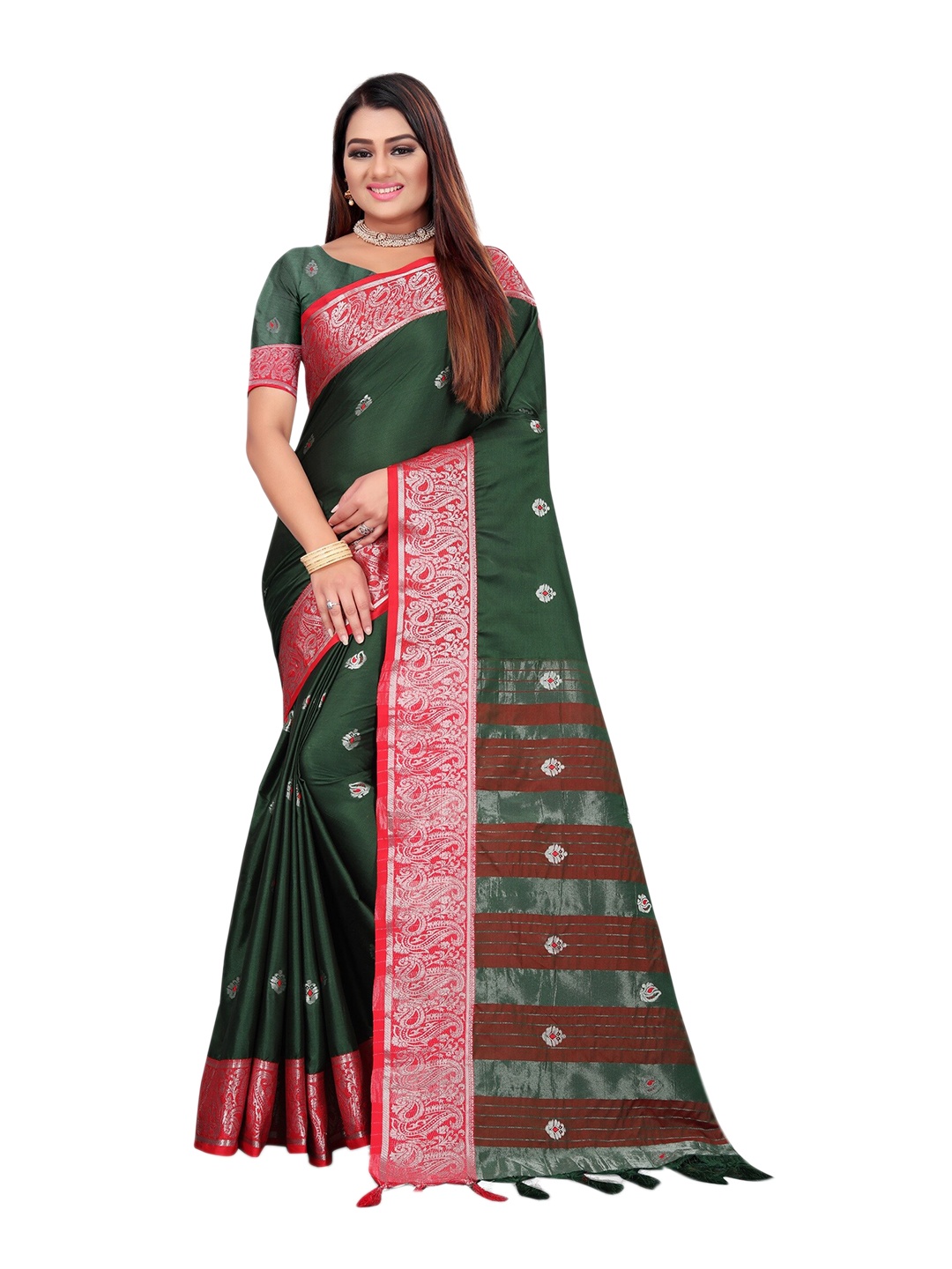 

Mitera Women Green & Pink Woven Design Zari Pure Cotton Kanjeevaram Saree