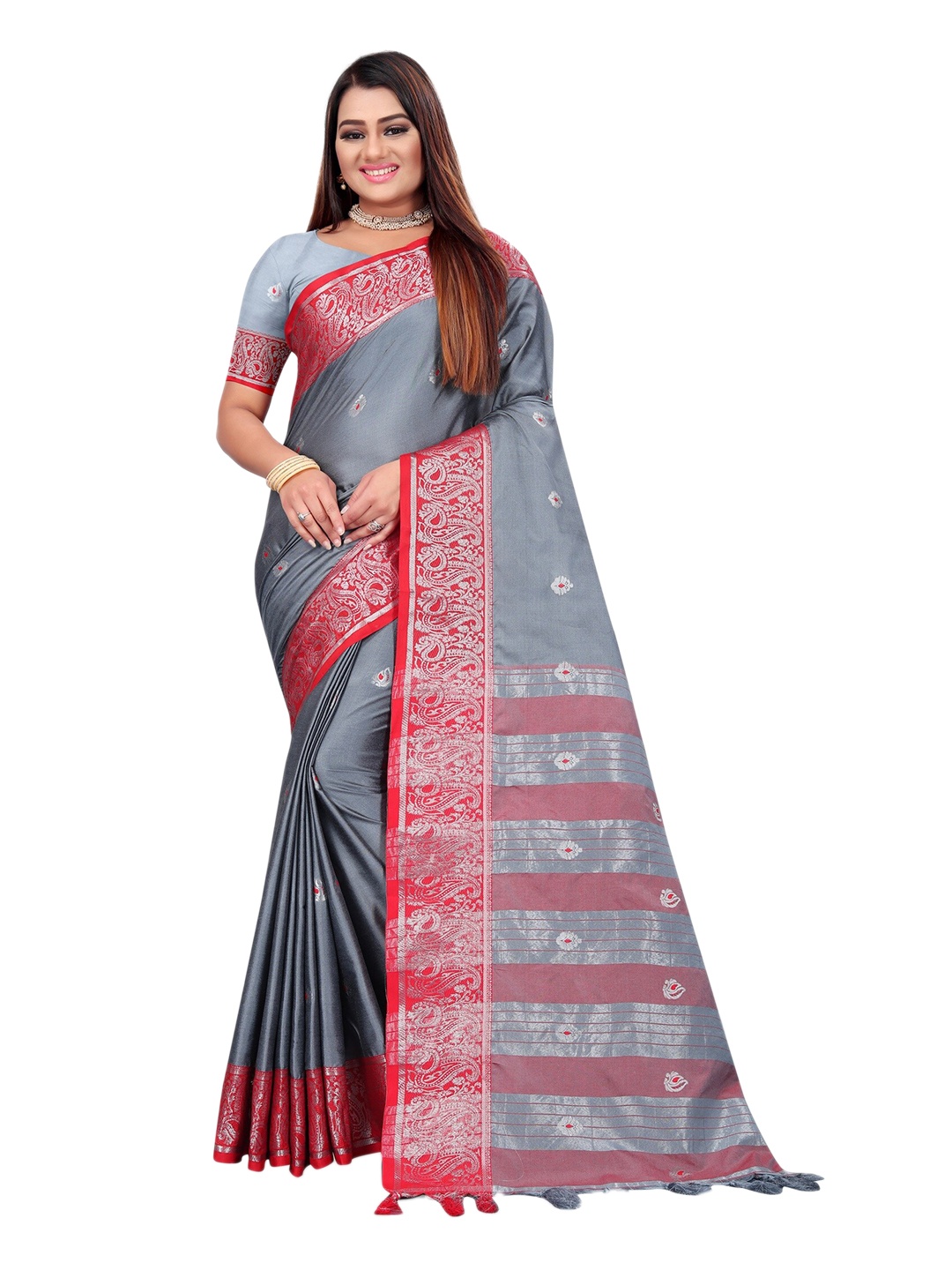 

Mitera Women Silver & Pink Woven Design Zari Pure Cotton Kanjeevaram Saree