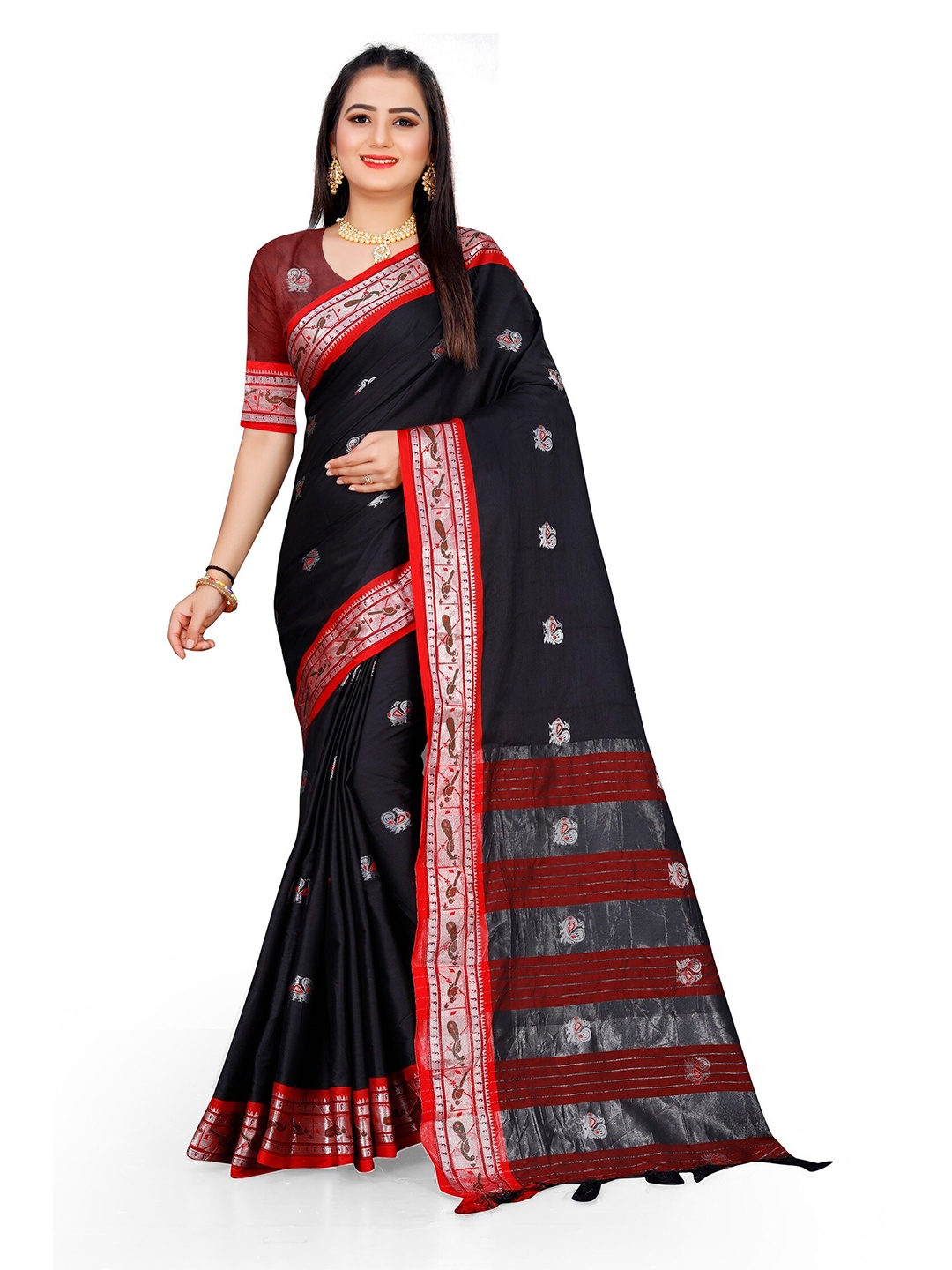 

Mitera Women Black & Red Woven Design Zari Pure Cotton Kanjeevaram Saree