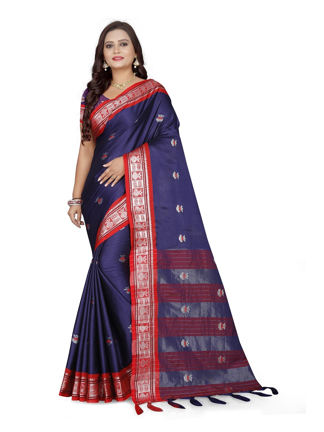 

Mitera Women Blue & Red Woven Design Zari Pure Cotton Kanjeevaram Saree