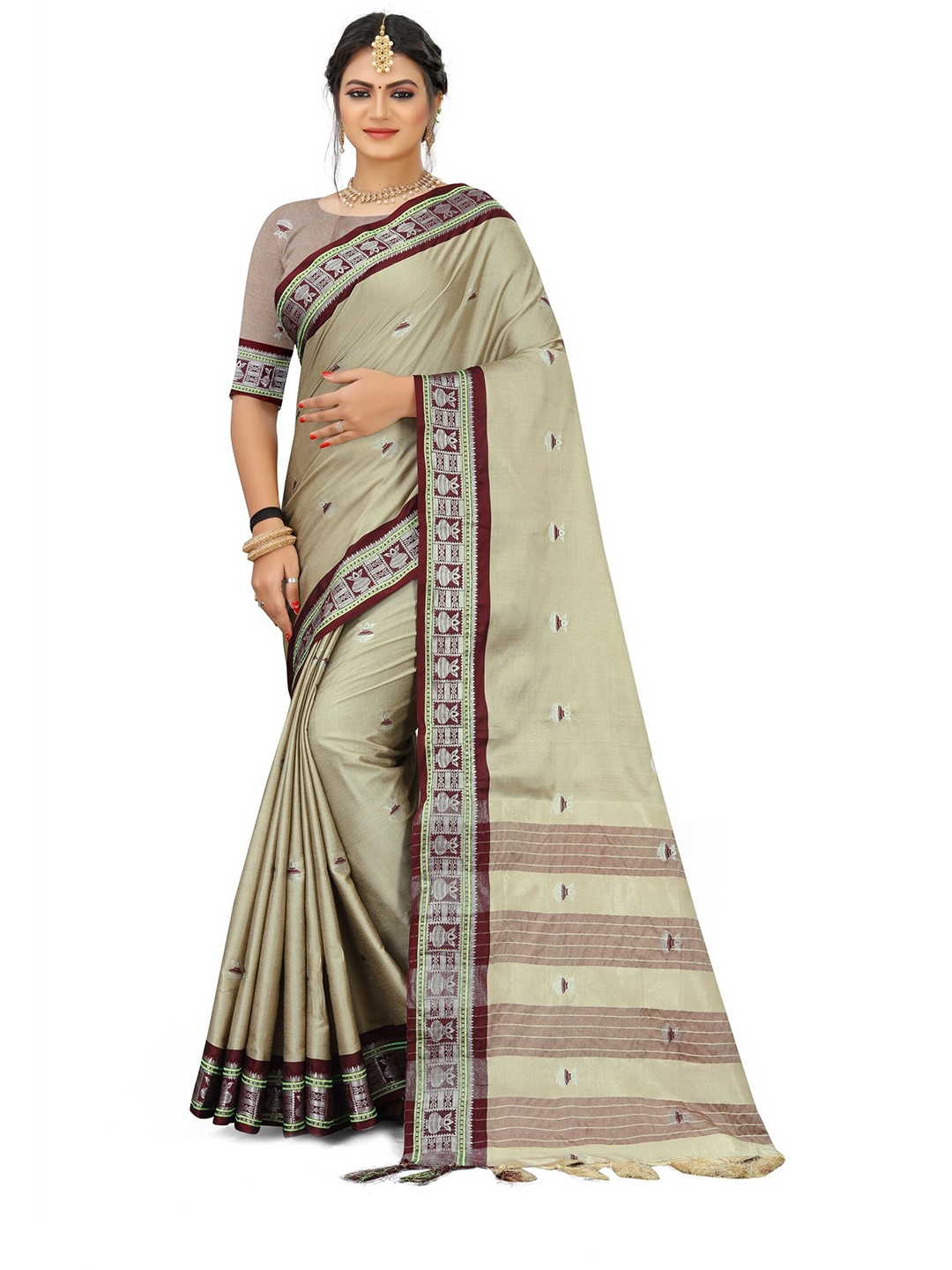 

Mitera Cream & Maroon Woven Design Zari Pure Cotton Kanjeevaram Saree