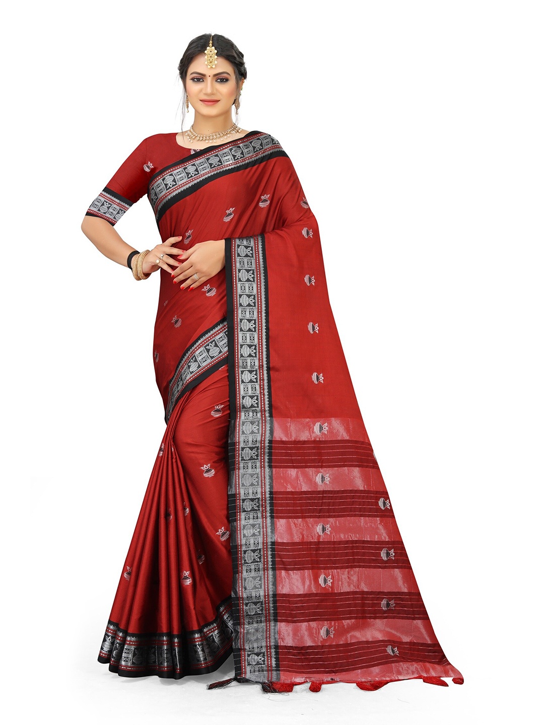 

Mitera Women Red & Black Woven Design Zari Pure Cotton Kanjeevaram Saree