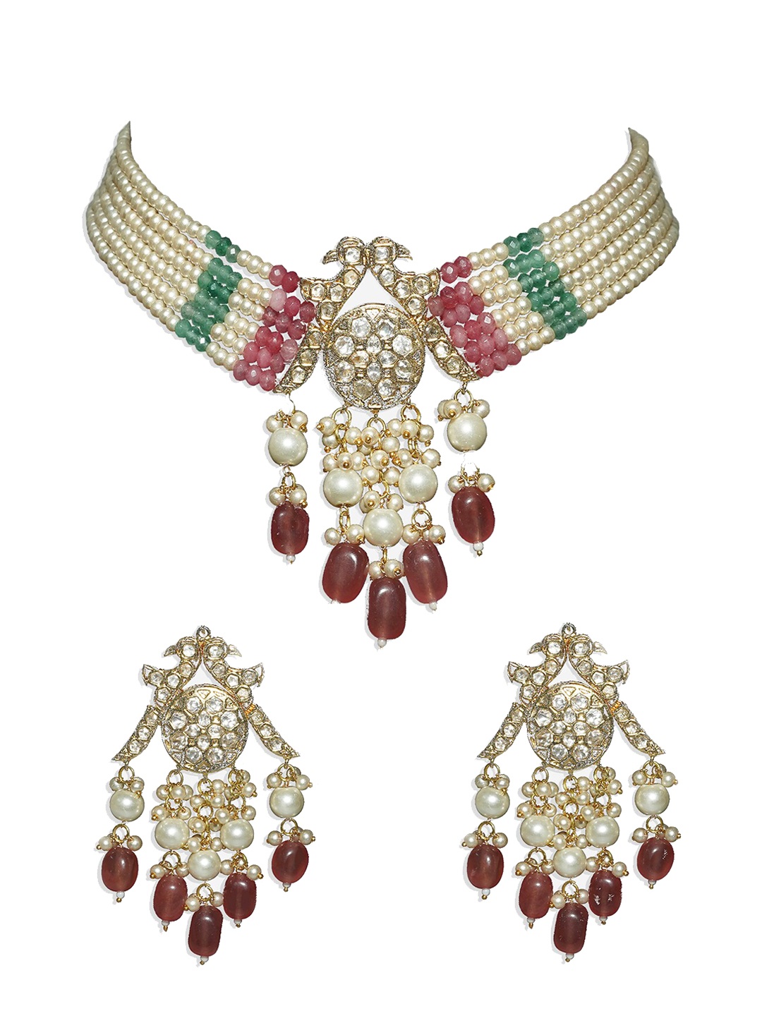 

AURAA TRENDS Gold-Plated Maroon & Green Kundan Sudded Jewellery Set