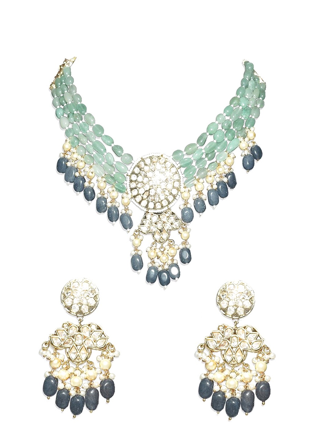 

AURAA TRENDS Gold-plated Green Kundan-Studded Jewellery Set