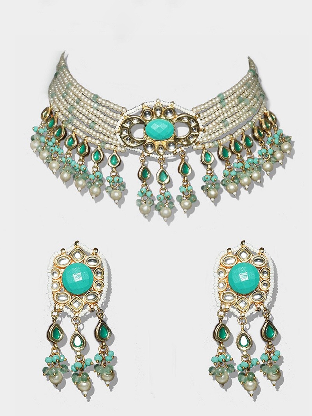 

AURAA TRENDS Gold-Plated Turquoise Blue Kundan Studded Jewellery Set