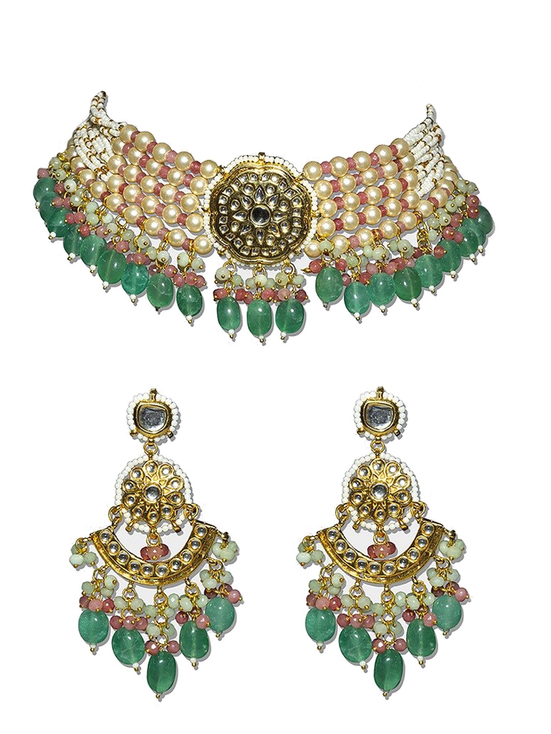 

AURAA TRENDS 22KT Gold Plated Kundan Green Beaded Jewellery Set