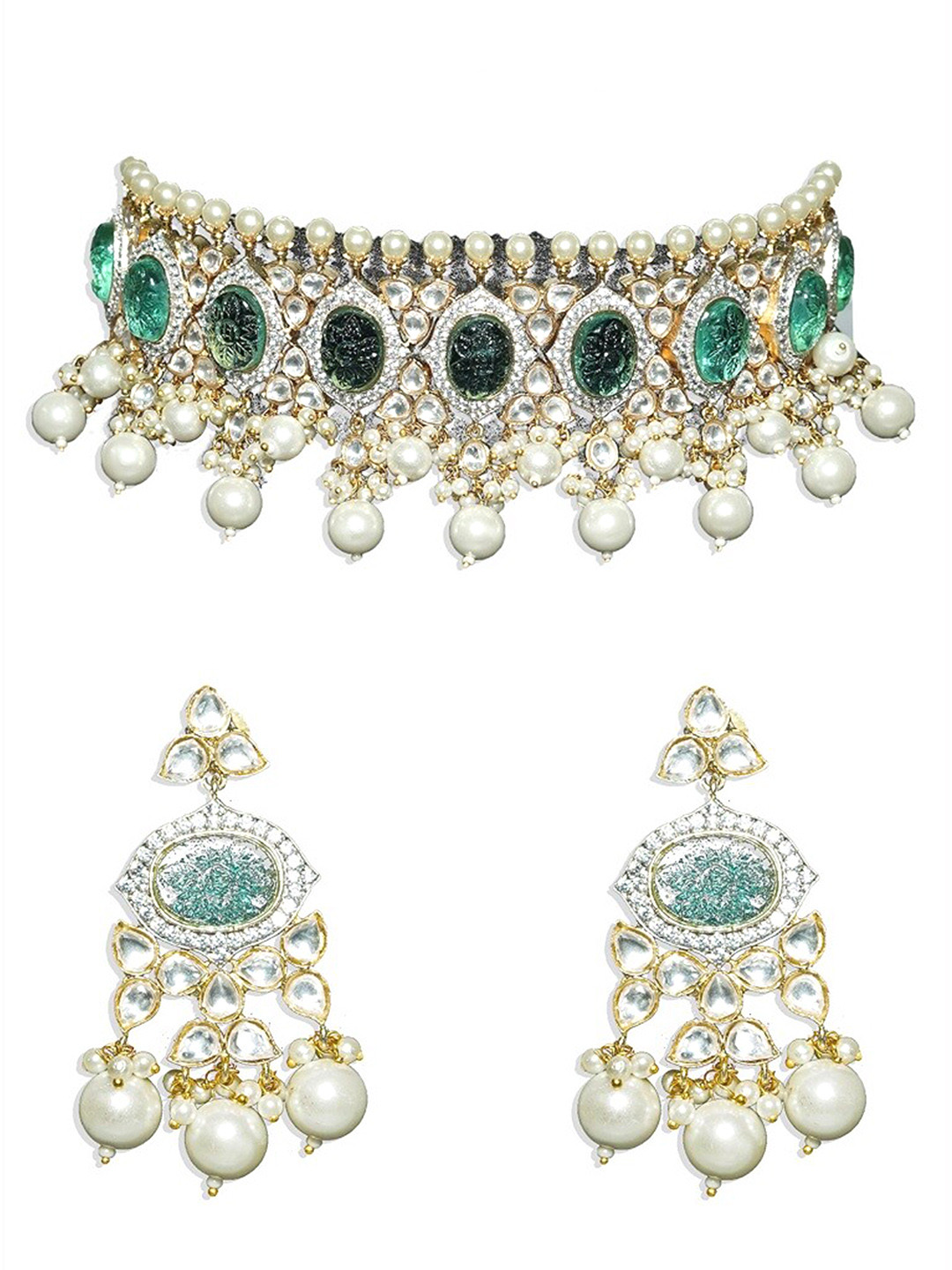 

AURAA TRENDS Gold-Plated & Toned Green Kundan Studded Jewellery Set