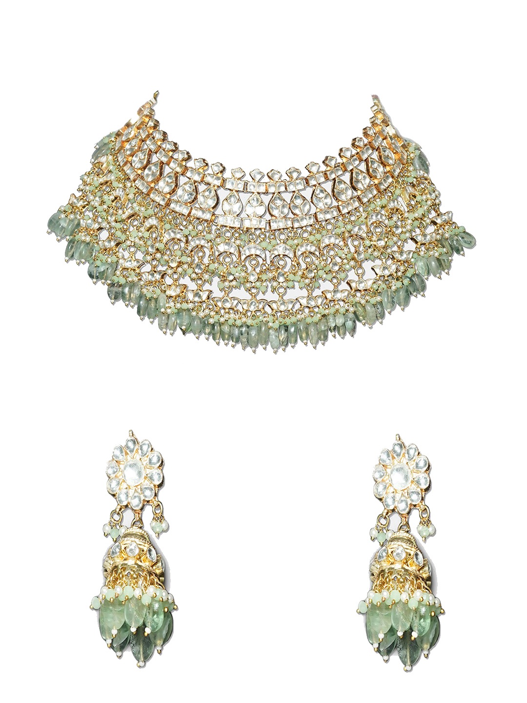 

AURAA TRENDS 22KT Gold-Plated White & Green Kundan-Studded & Beaded Jewellery Set