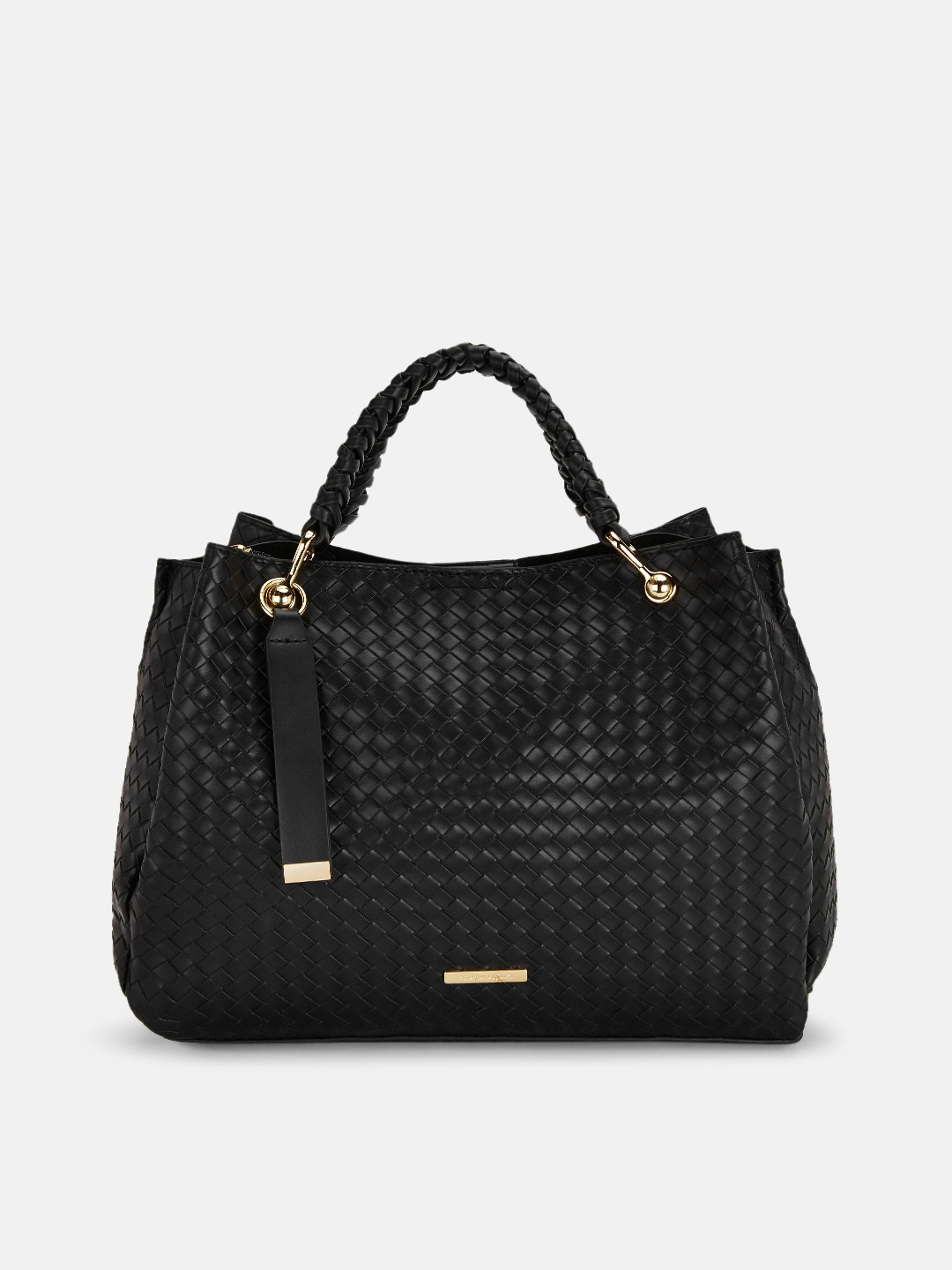 

Forever Glam by Pantaloons Black Textured Structured Handheld Bag with Tasselled