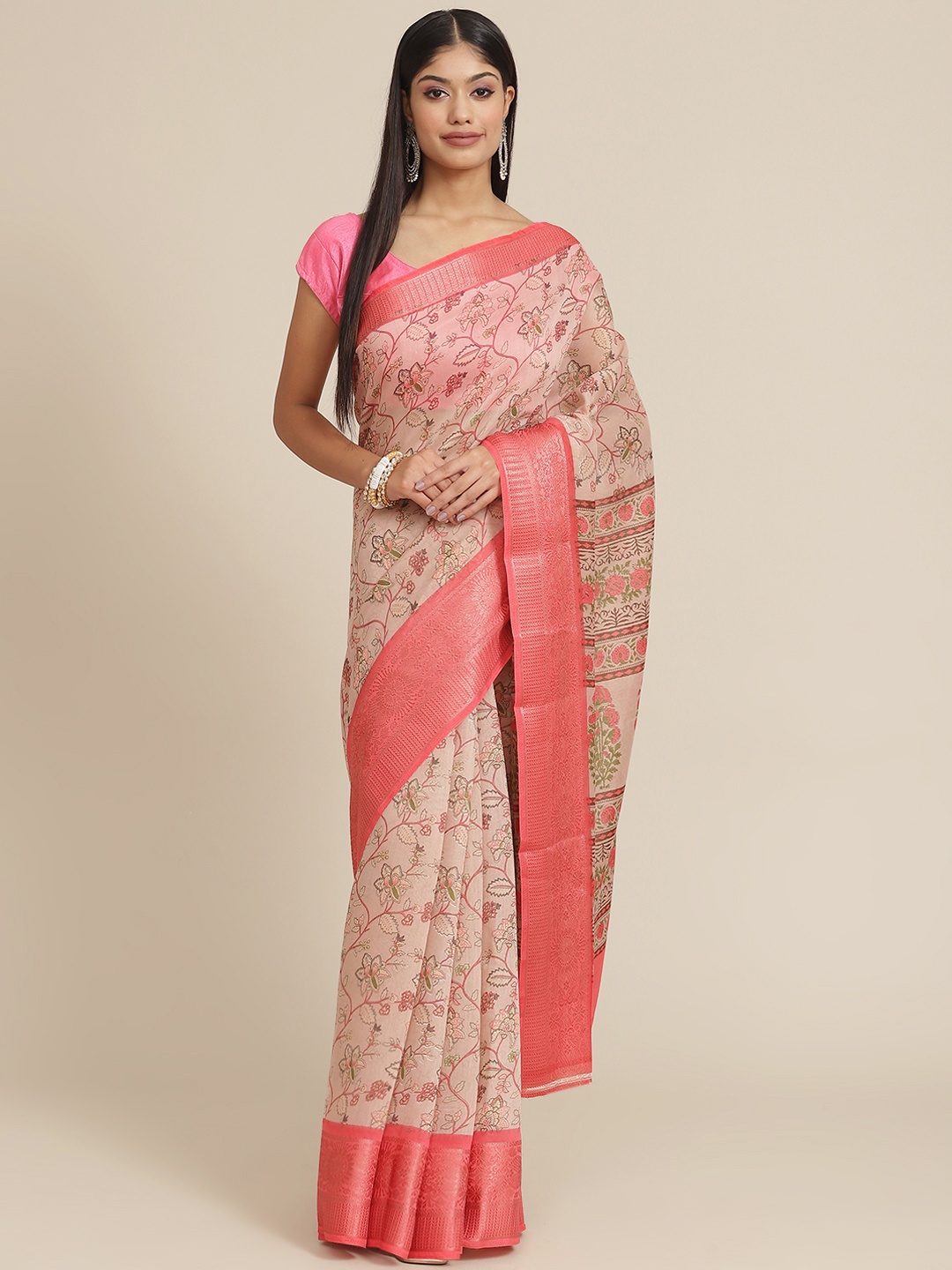 

SHANGRILA Pink Floral Silk Cotton Ready to Wear Kanjeevaram Saree