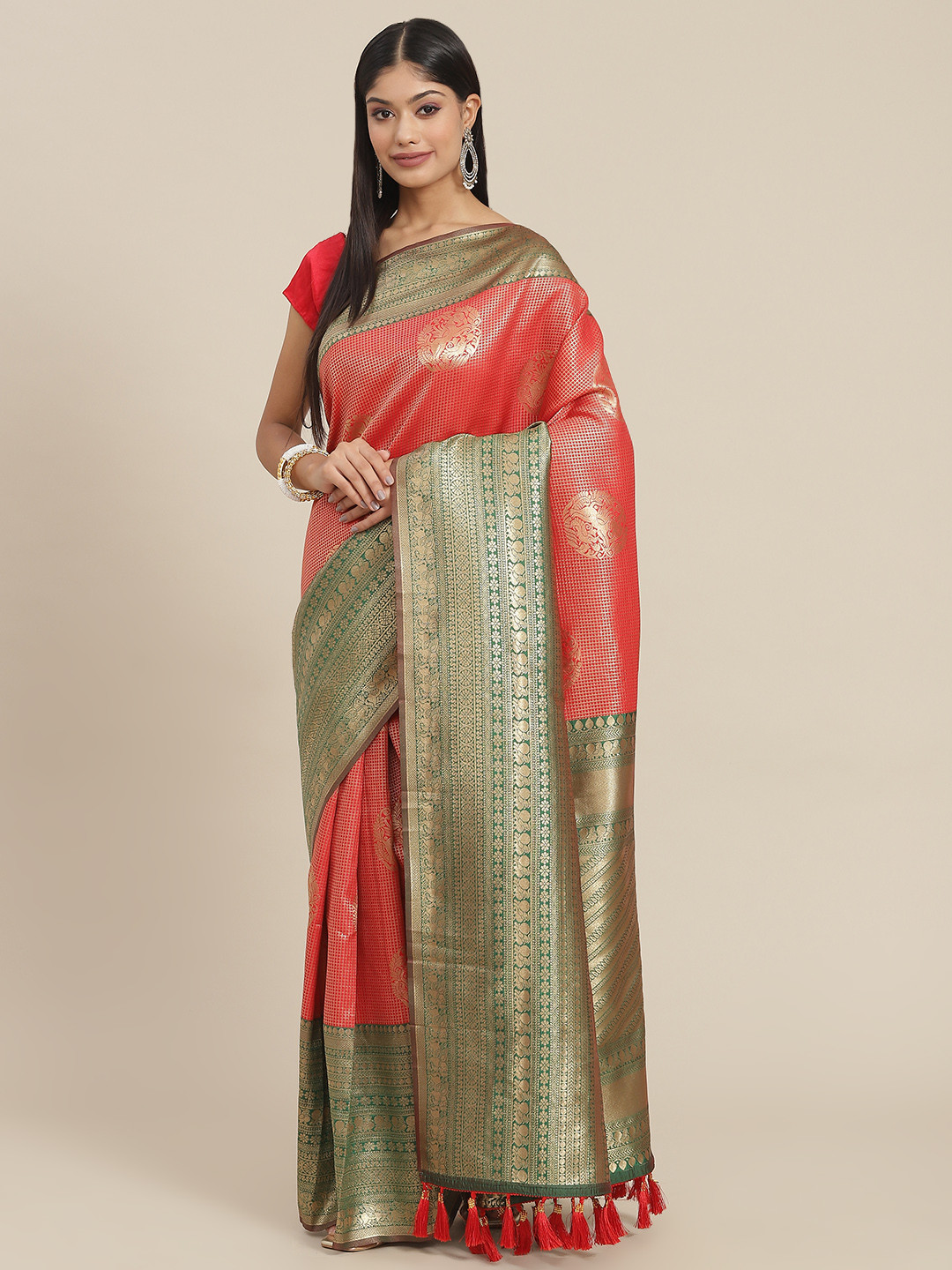

SHANGRILA Red Woven Design Art Silk Ready to Wear Gadwal Saree