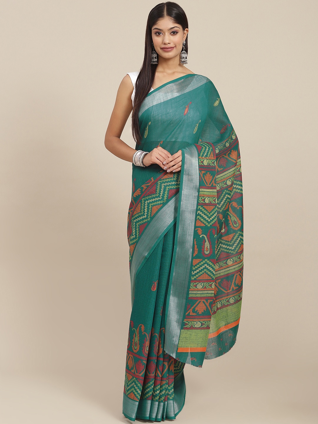 

SHANGRILA Green Ethnic Motifs Linen Blend Block Print Saree
