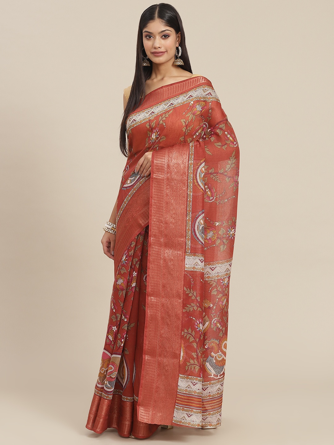 SHANGRILA Maroon Kalamkari Pure Cotton Ready to Wear Kanjeevaram Saree