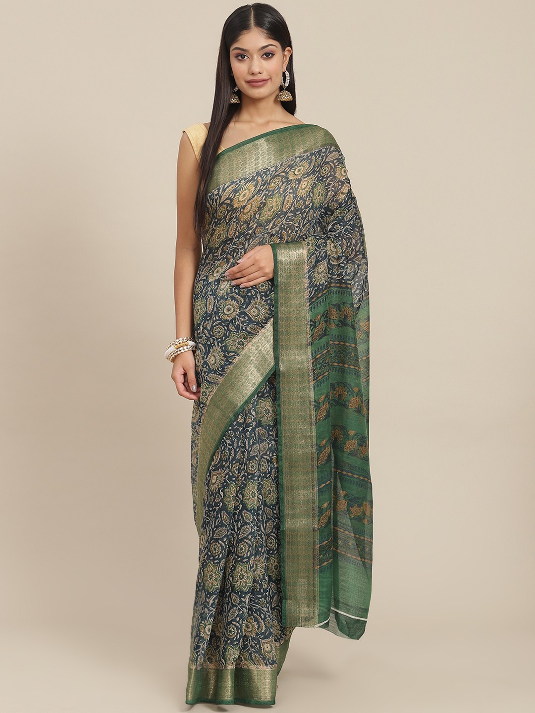 SHANGRILA Green Bandhani Silk Cotton Ready to Wear Kanjeevaram Saree