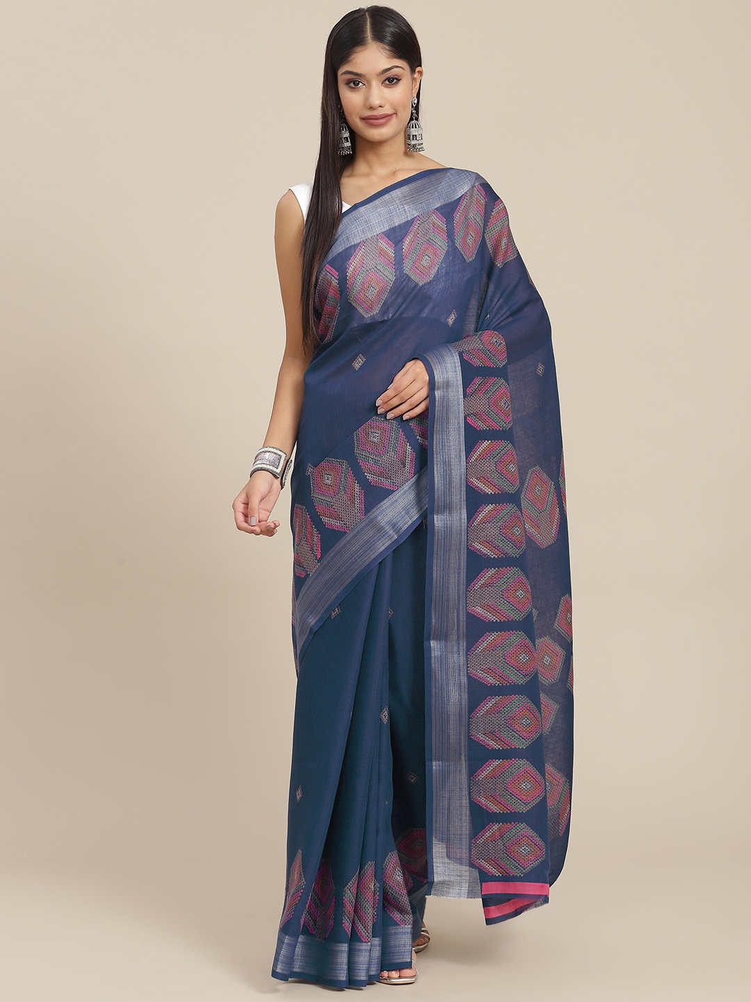 

SHANGRILA Blue Ethnic Motifs Linen Blend Block Print Saree