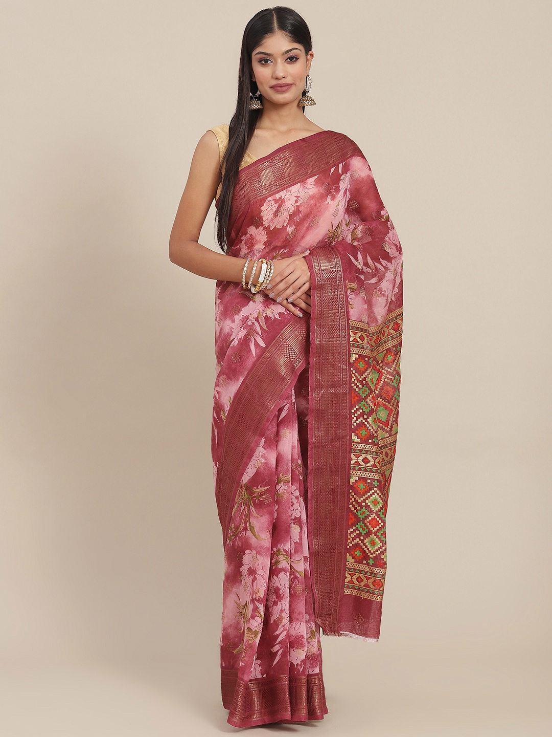 

SHANGRILA Pink Floral Linen Blend Ready to Wear Ikat Saree